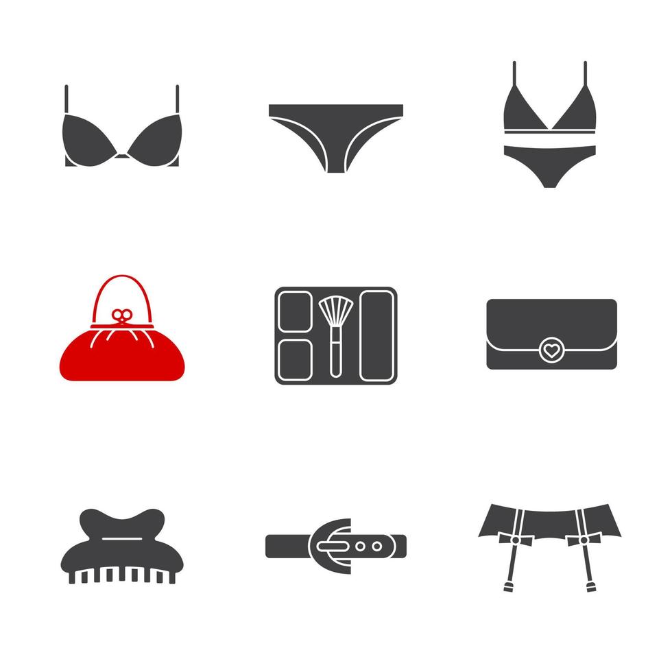 Women's accessories glyph icons set. Silhouette symbols. Underwear garters, bra and panties, clutch, purse, blusher, claw hair clip, leather belt. Vector isolated illustration