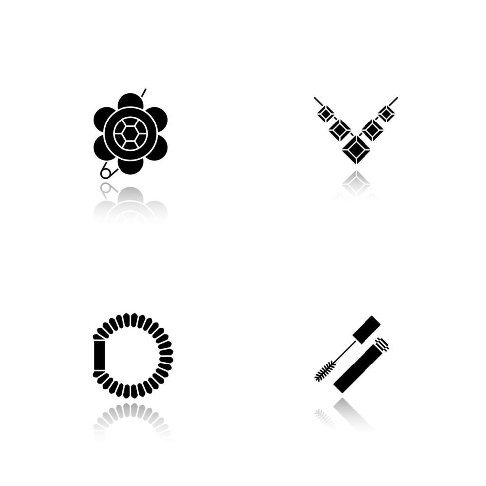 Women's accessories drop shadow black icons set. Brooch, necklace, hair scrunchy, mascara. Isolated vector illustrations