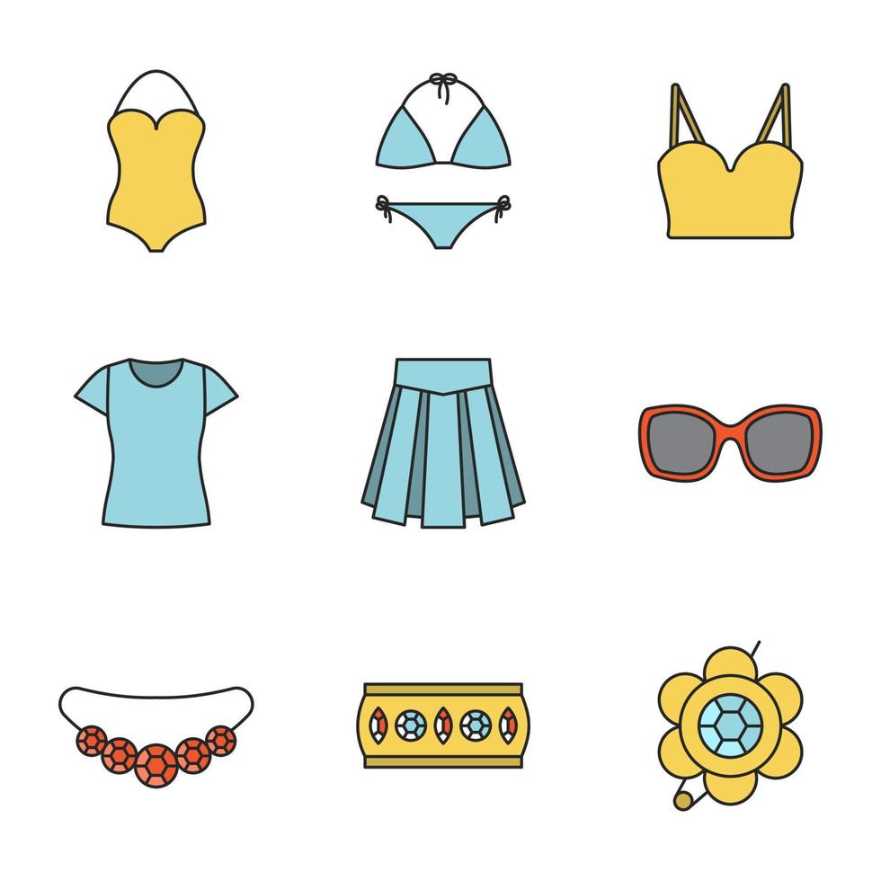 Women's accessories color icons set. Clothes and jewelry. Swimsuits, top, t-shirt, skirt, sunglasses, bracelet, brooch, necklace. Isolated vector illustrations