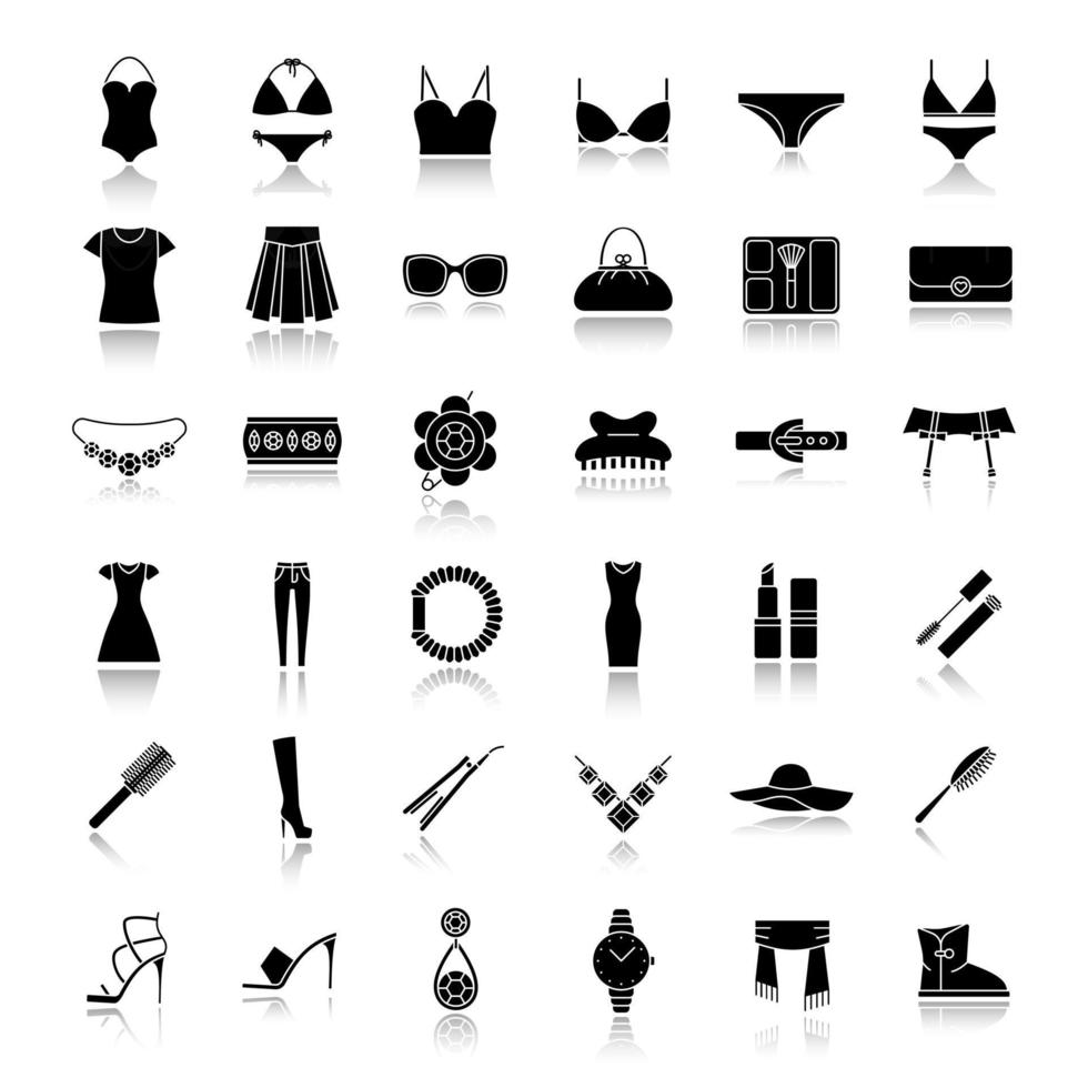 Women's accessories drop shadow black icons set. Clothes, cosmetics, jewelry, footwear and manicure equipment. Ladies fashion. Isolated vector illustrations