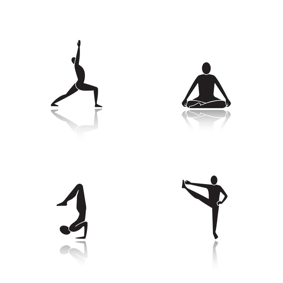 Yoga asanas drop shadow black icons set. Virabhadrasana, siddhasana, vrishchikasana, utthita hasta padangusthasana yoga positions. Isolated vector illustrations