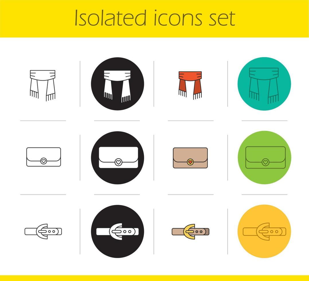 Women's accessories icons set. Linear, black and color styles. Scarf, clutch, leather belt. Isolated vector illustrations