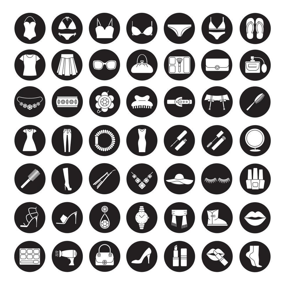 Women's accessories icons set. Clothes, cosmetics, jewelry, footwear and manicure equipment. Ladies fashion. Vector white silhouettes illustrations in black circles