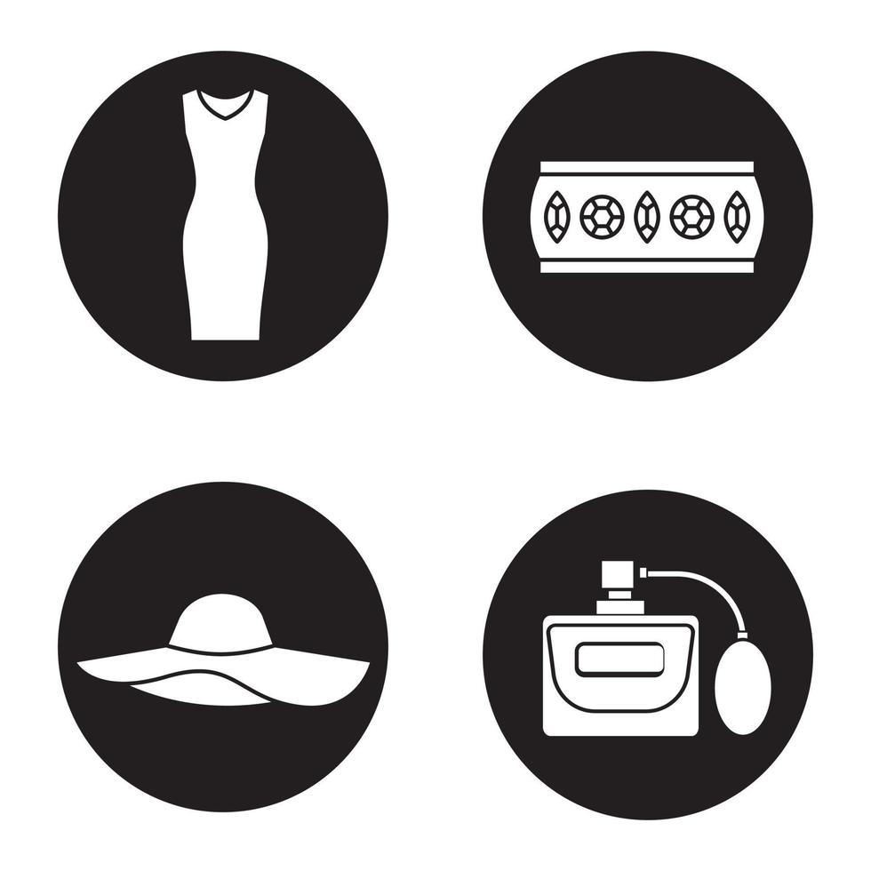 Women's accessories icons set. Sleeveless evening dress, metal bracelet, hat, perfume. Vector white silhouettes illustrations in black circles