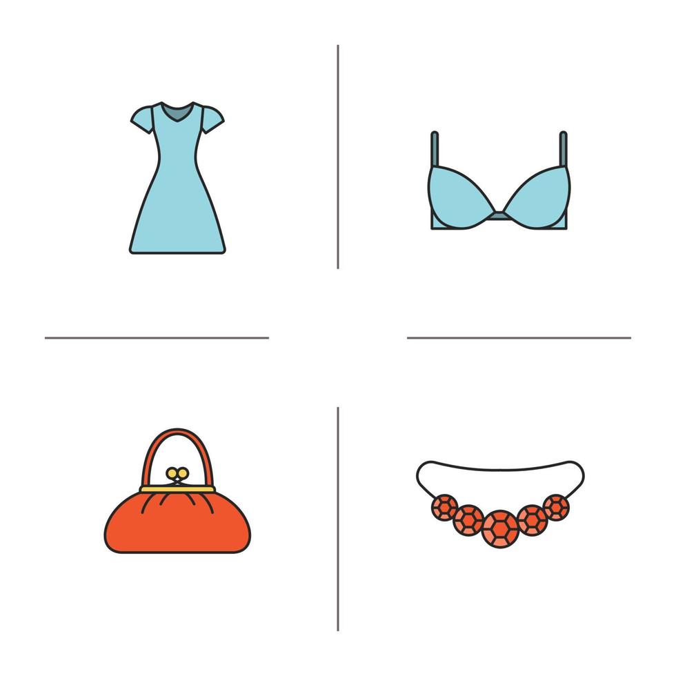 Women's accessories color icons set. Gemstone necklace, sun frock, purse, bra. Isolated vector illustrations
