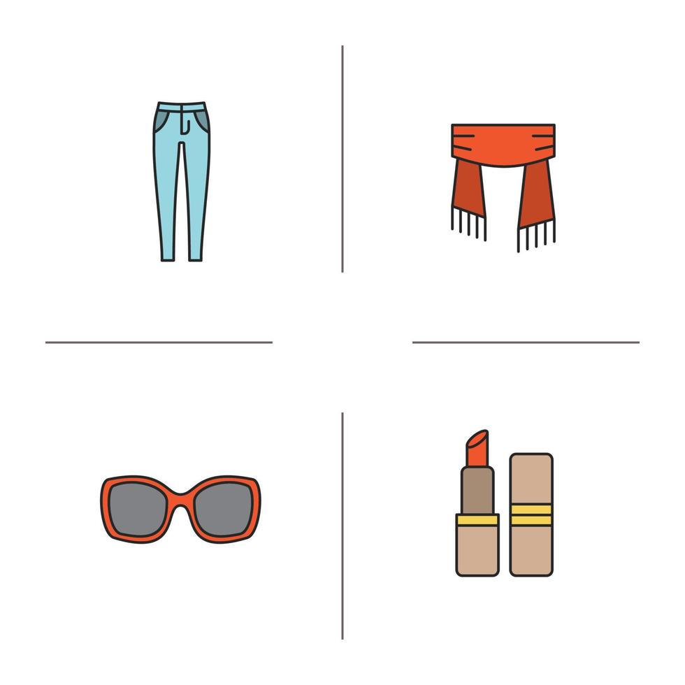 Women's accessories color icons set. Skinny jeans, scarf, sunglasses, lipstick. Isolated vector illustrations