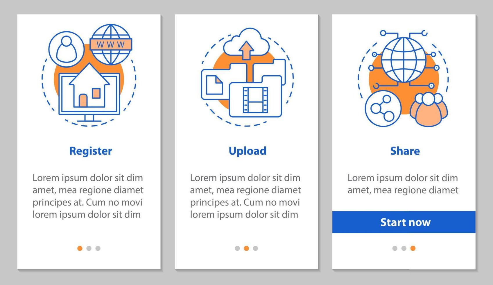 Digital data storage onboarding mobile app page screen with linear concepts. Social networking service graphic instructions. UX, UI, GUI vector template with illustrations