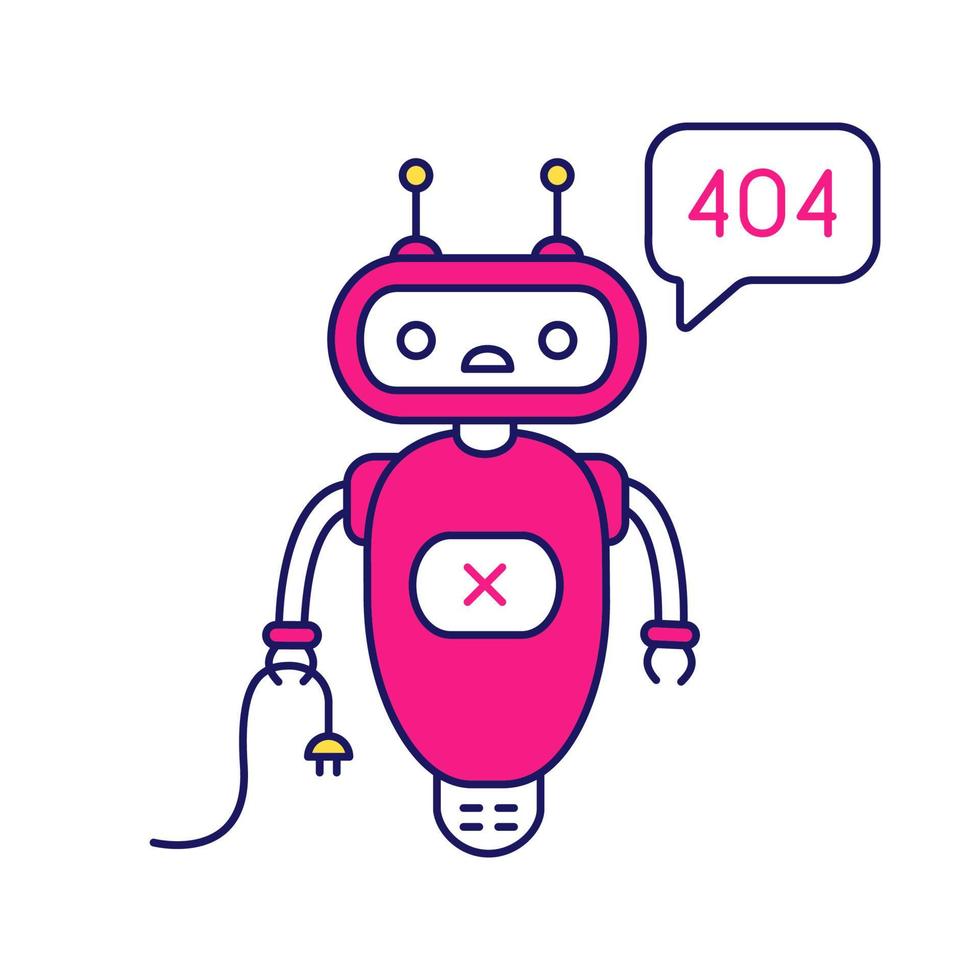 no encontrado icono de color de error de chatbot. talkbot con error 404 en el cuadro de chat. Asistente en línea de la página de error del sitio web. robot moderno. ilustración vectorial aislada vector