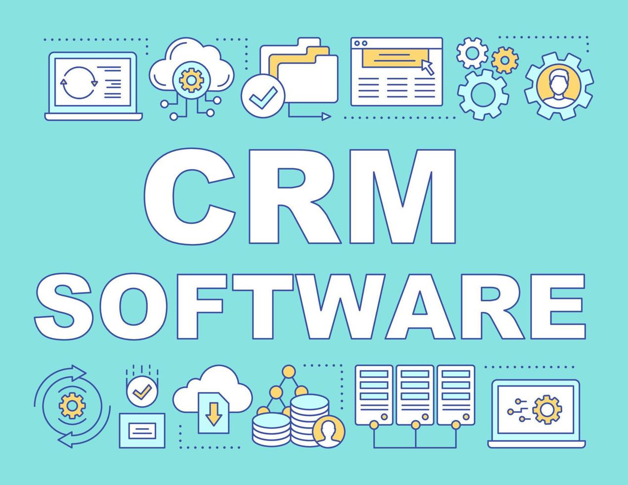 CRM software word concepts banner. Computer program. Client identity, database. Business management. Presentation, website. Isolated lettering typography idea with linear icons. Vector illustration
