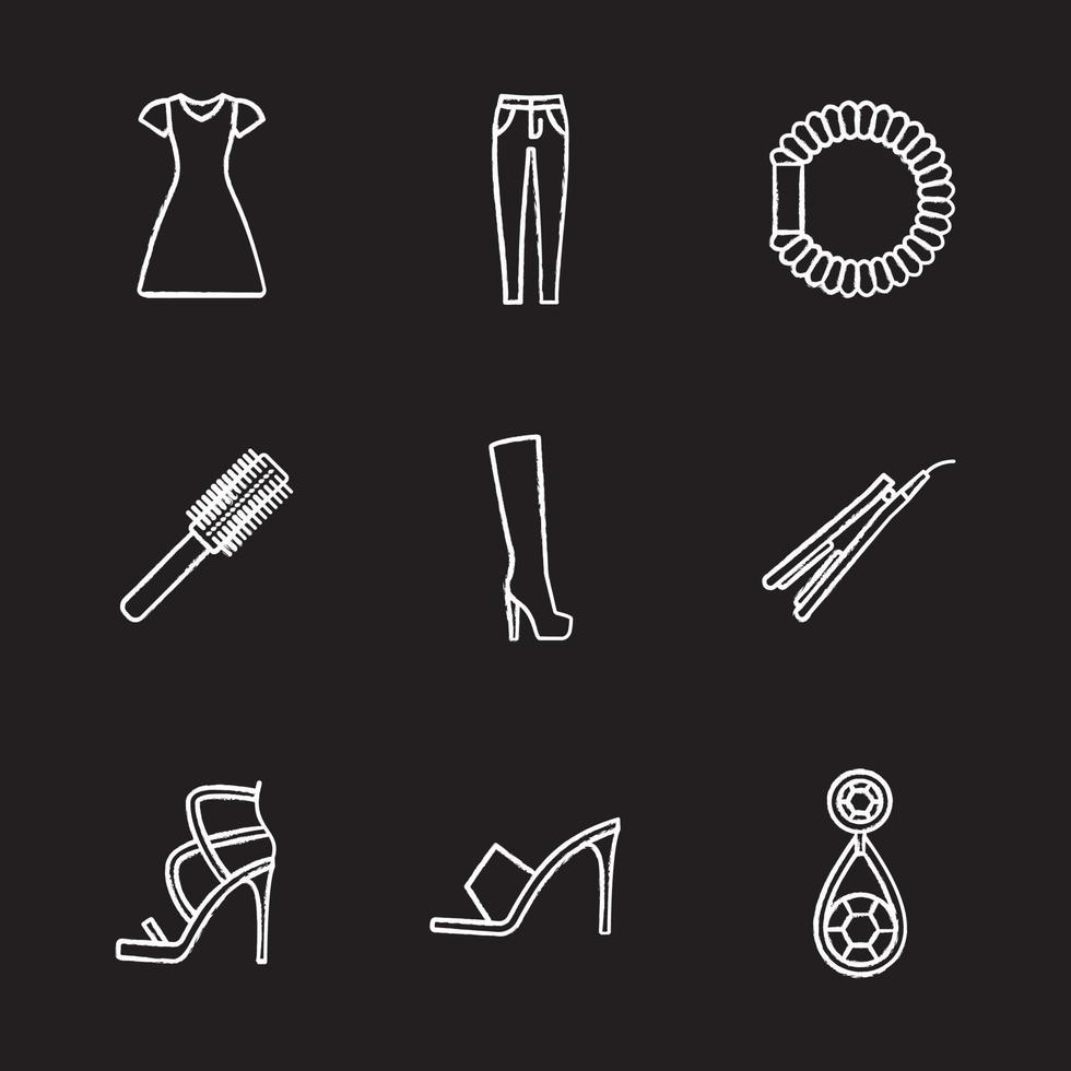 Women's accessories chalk icons set. Sun frock, skinny jeans, hair scrunchy, straightener and brush, high heel boot and shoes, earring. Isolated vector chalkboard illustrations