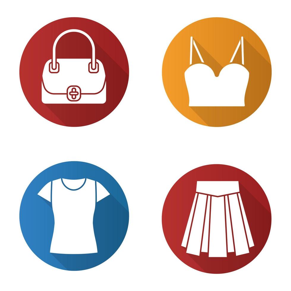 Conjunto de iconos de larga sombra de diseño plano de accesorios de mujer. bolso, top, falda, camiseta. ilustración de silueta de vector