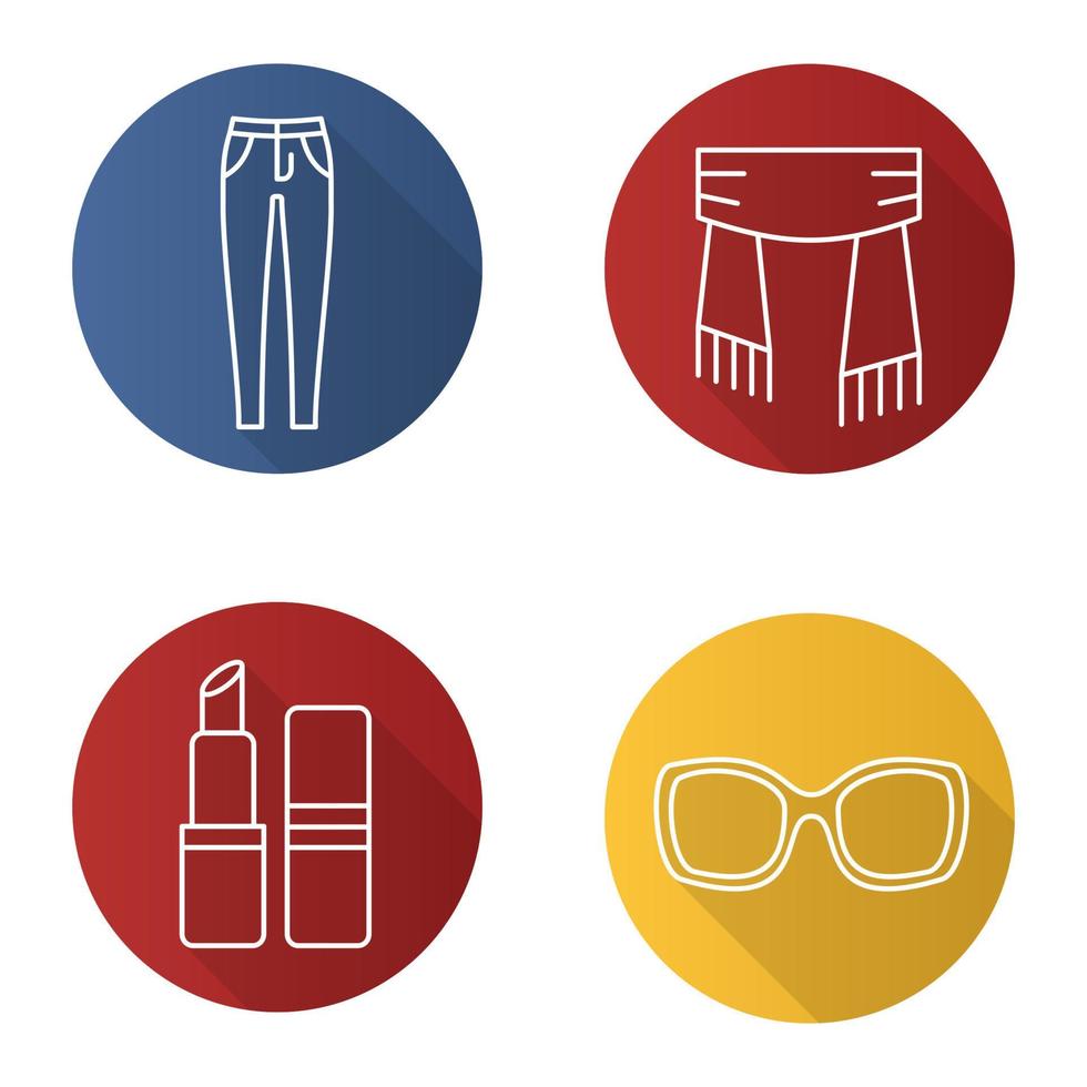 Conjunto de iconos planos lineales de larga sombra de accesorios de mujer. jeans ajustados, bufanda, pintalabios, lentes de sol. ilustración de línea vectorial vector