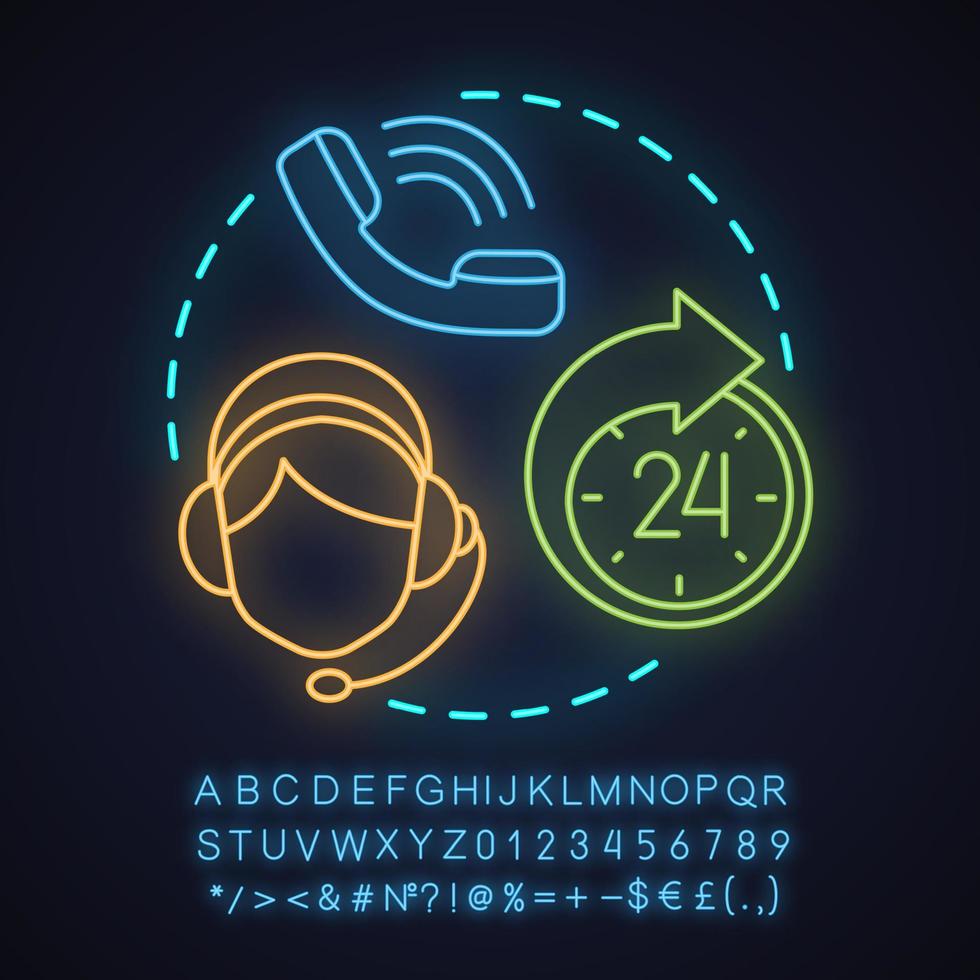 Call center neon light concept icon. Hotline idea. Phone support service. Glowing sign with alphabet, numbers and symbols. Vector isolated illustration