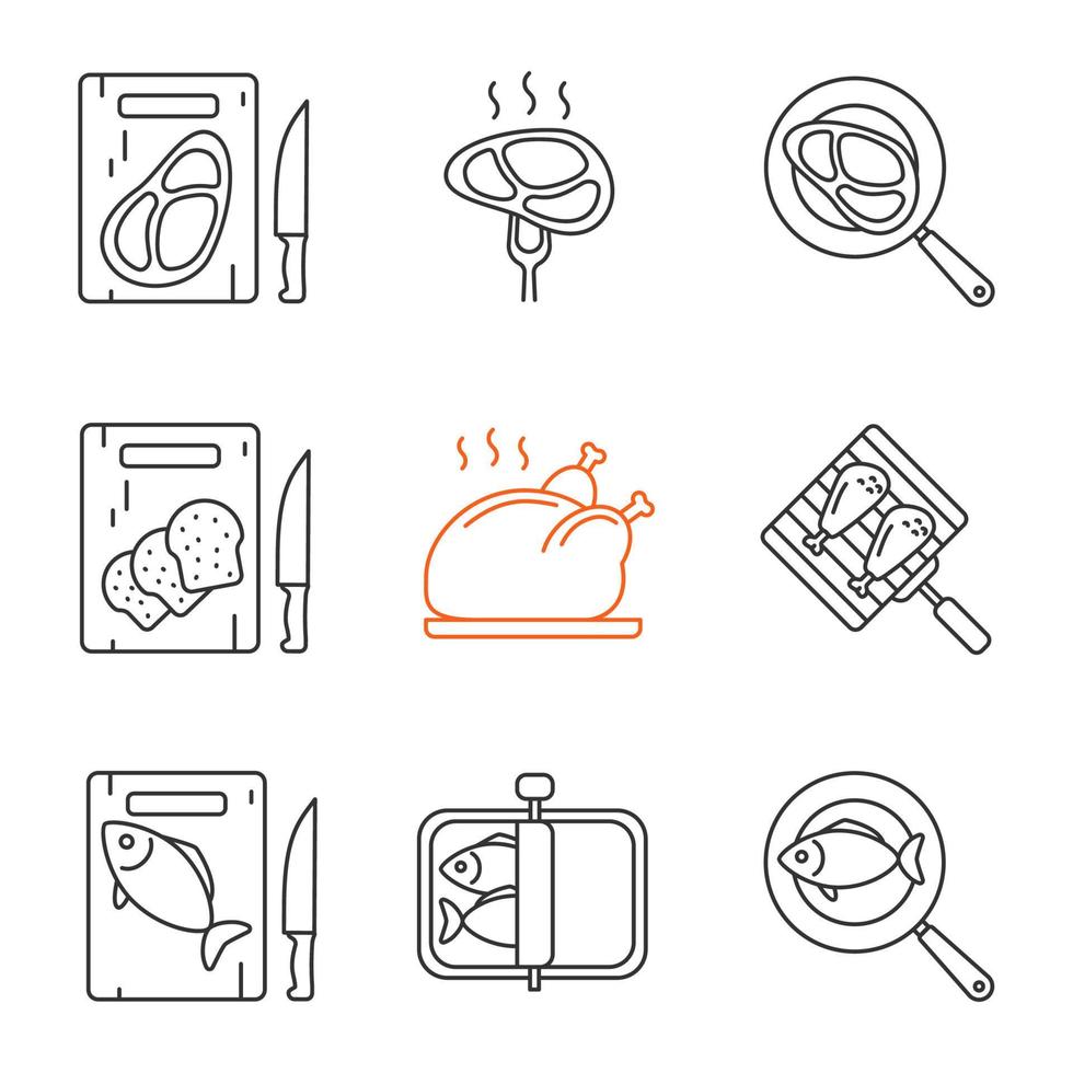 Food preparation linear icons set. Cutting boards with bread, meat and fish, frying salmon and meat steaks, grilling chicken drumsticks. Thin line contour symbols. Isolated vector outline illustration