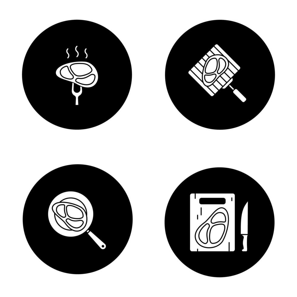 Meat preparation glyph icons set. Grilling, frying and cutting meat steaks. Vector white silhouettes illustrations in black circles