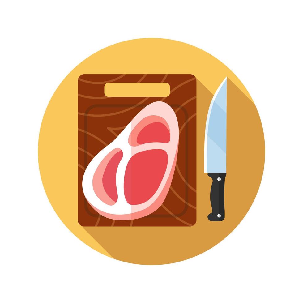 Steak on cutting board with knife flat design long shadow color icon. Beefsteak. Vector silhouette illustration