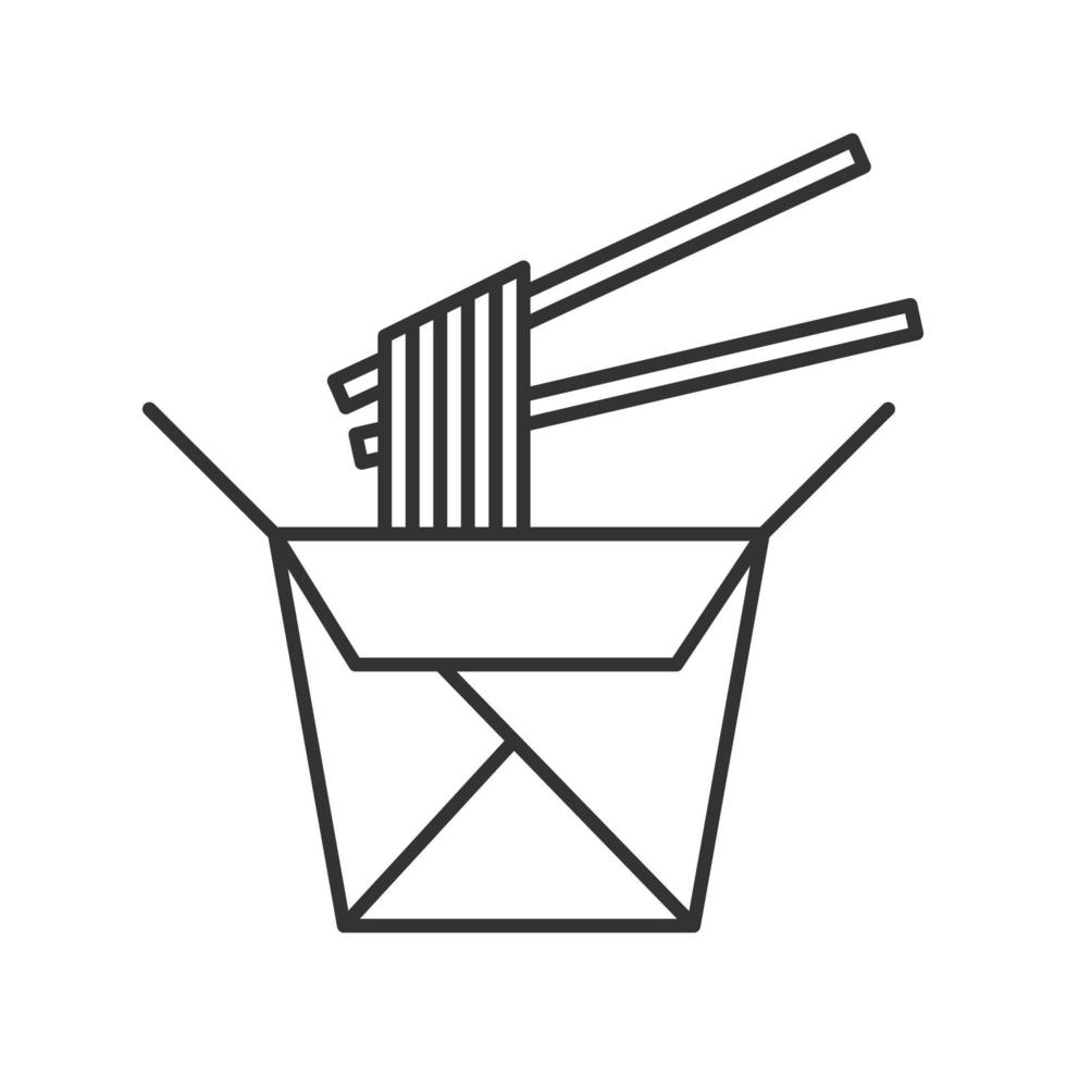 Chinese noodles in paper box and chopsticks linear icon. Thin line illustration. Wok noodles. Contour symbol. Vector isolated outline drawing