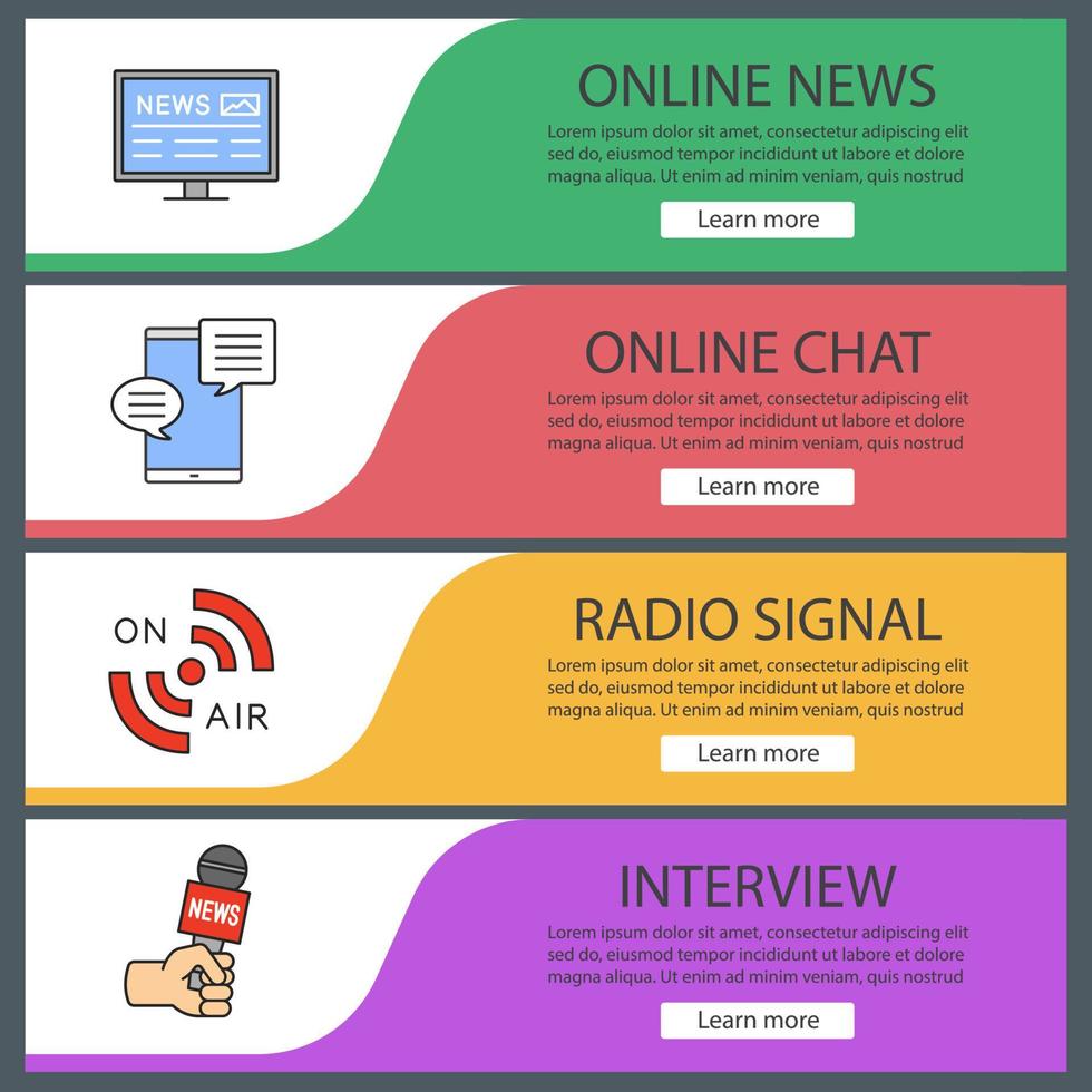Mass media web banner templates set. Electronic newspaper, online chat, radio signal, interview. Website color menu items. Vector headers design concepts