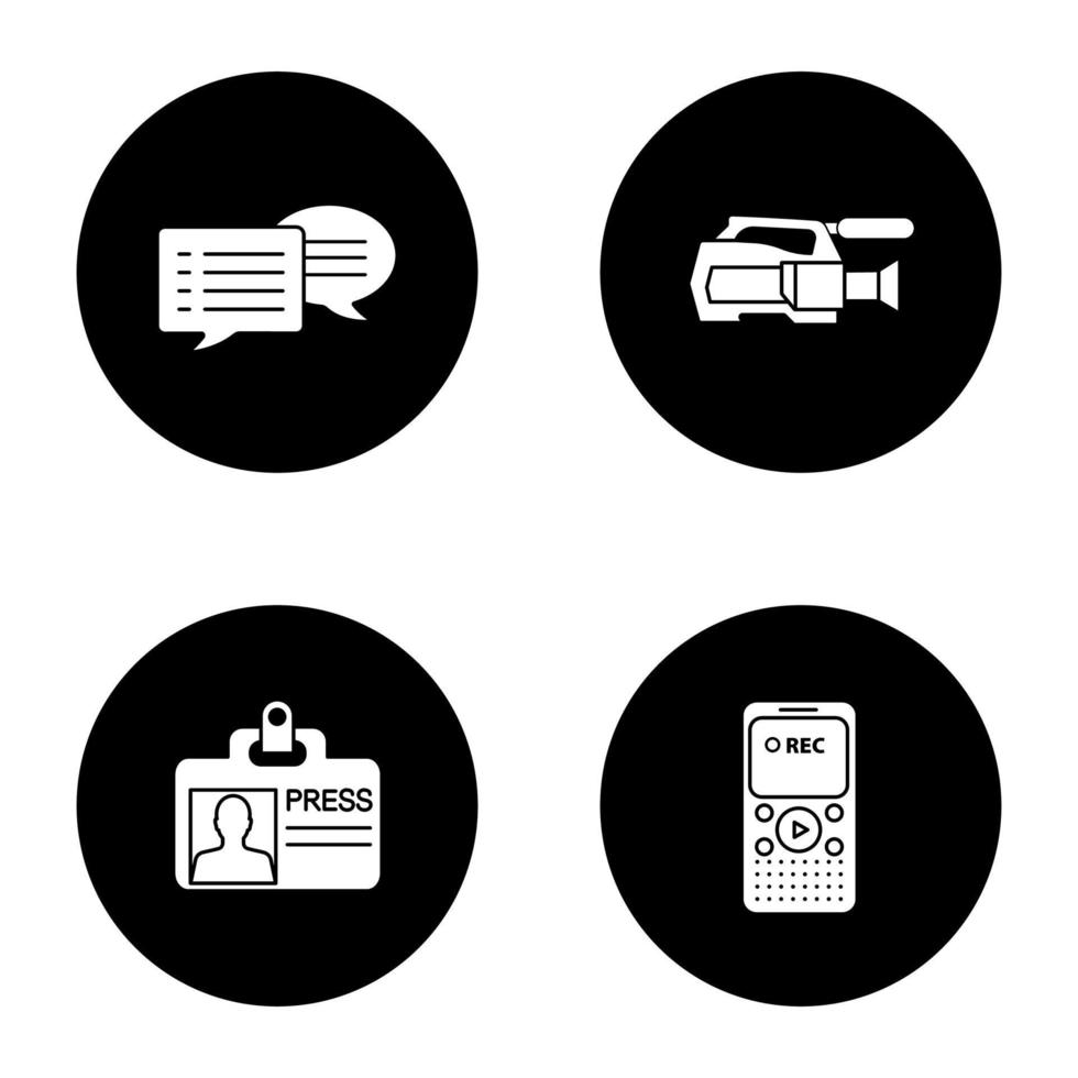 Mass media glyph icons set. Press. Chatting, video camera, press ID card, dictaphone. Vector white silhouettes illustrations in black circle