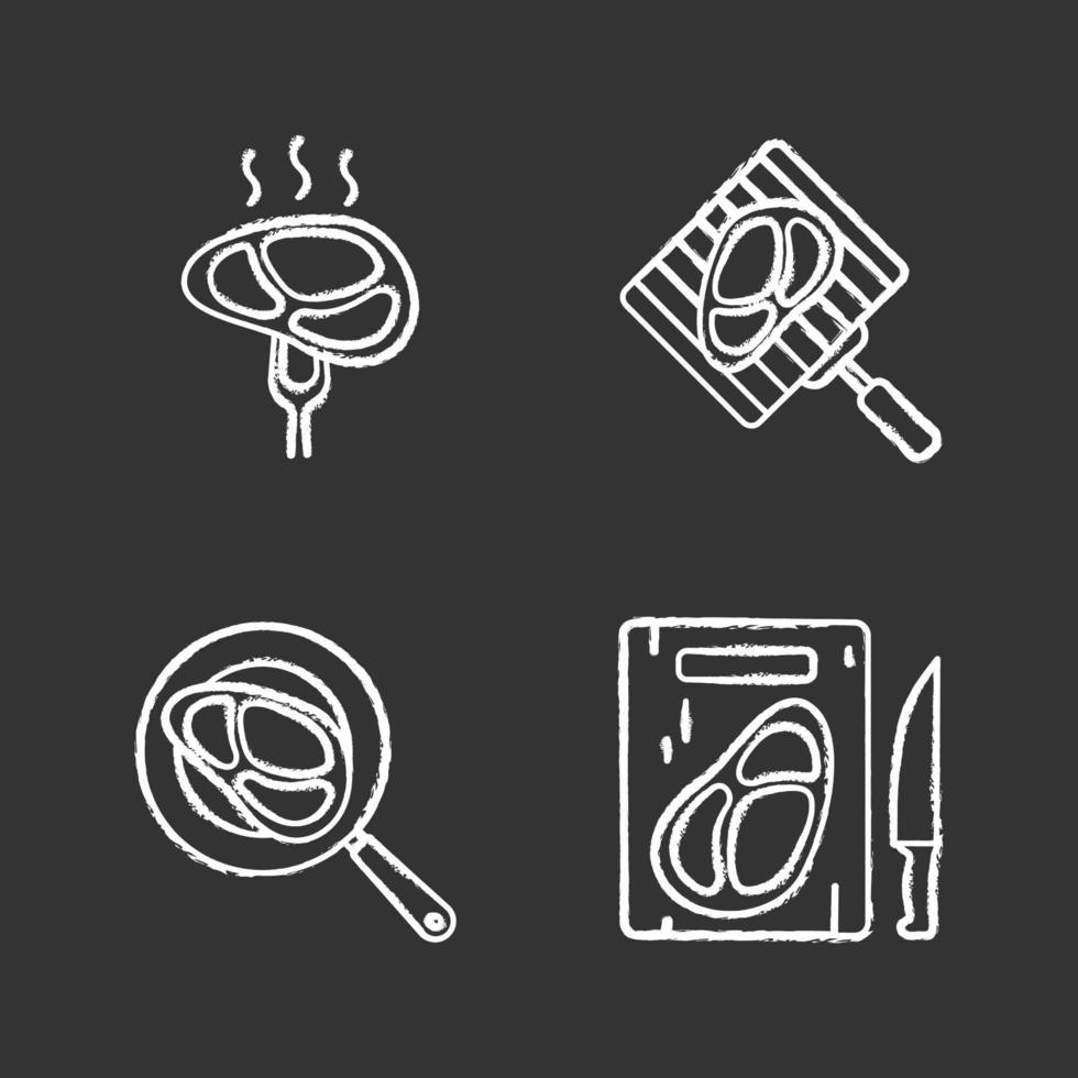 Meat preparation chalk icons set. Grilling, frying and cutting meat steaks. Isolated vector chalkboard illustrations