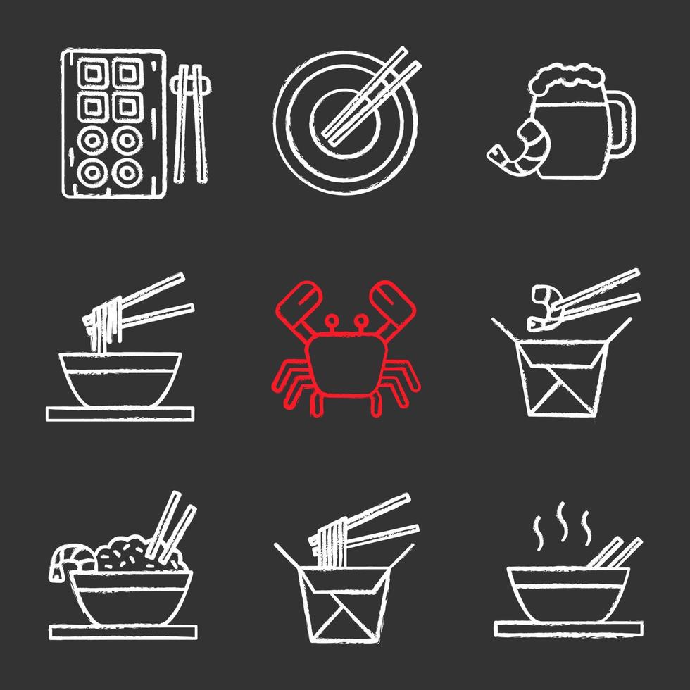 Chinese food chalk icons set. Sushi, noodles, ramen, fried rice with seafood chopsticks, beer, crab. Isolated vector chalkboard illustrations