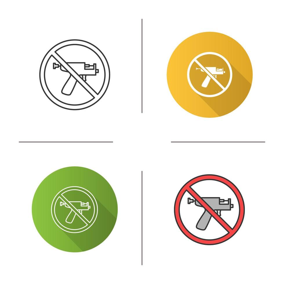 Forbidden sign with piercing gun icon. No ear piercing instruments prohibition. Flat design, linear and color styles. Isolated vector illustrations