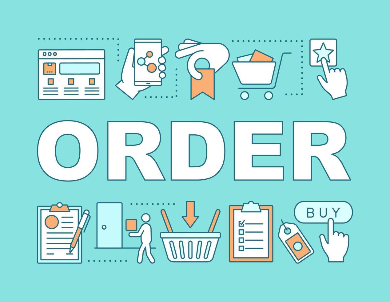 Order word concepts banner. Deal making. Shopping in online store. E commerce. Sale management. Presentation, website. Isolated lettering typography idea with linear icons. Vector outline illustration