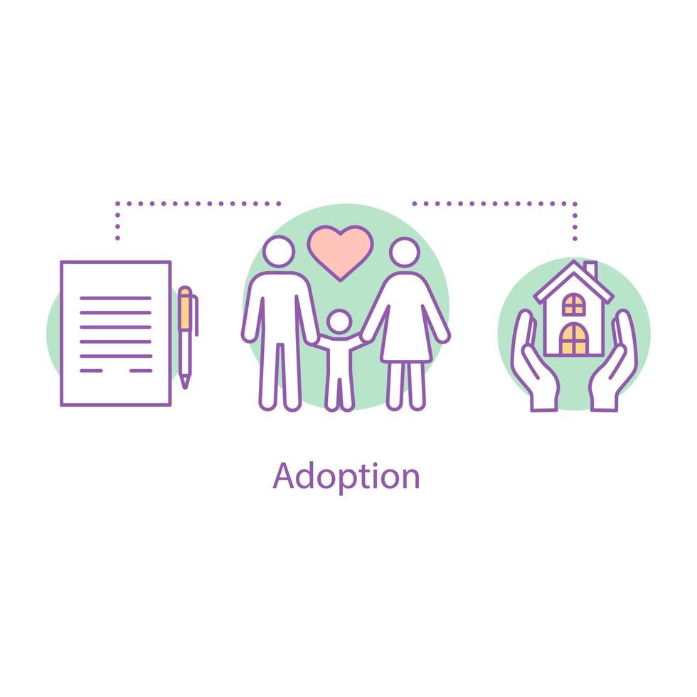 Adoption concept icon. Orphanage. New family idea thin line illustration. Children's charity. Parenting, parenthood. Vector isolated outline drawing