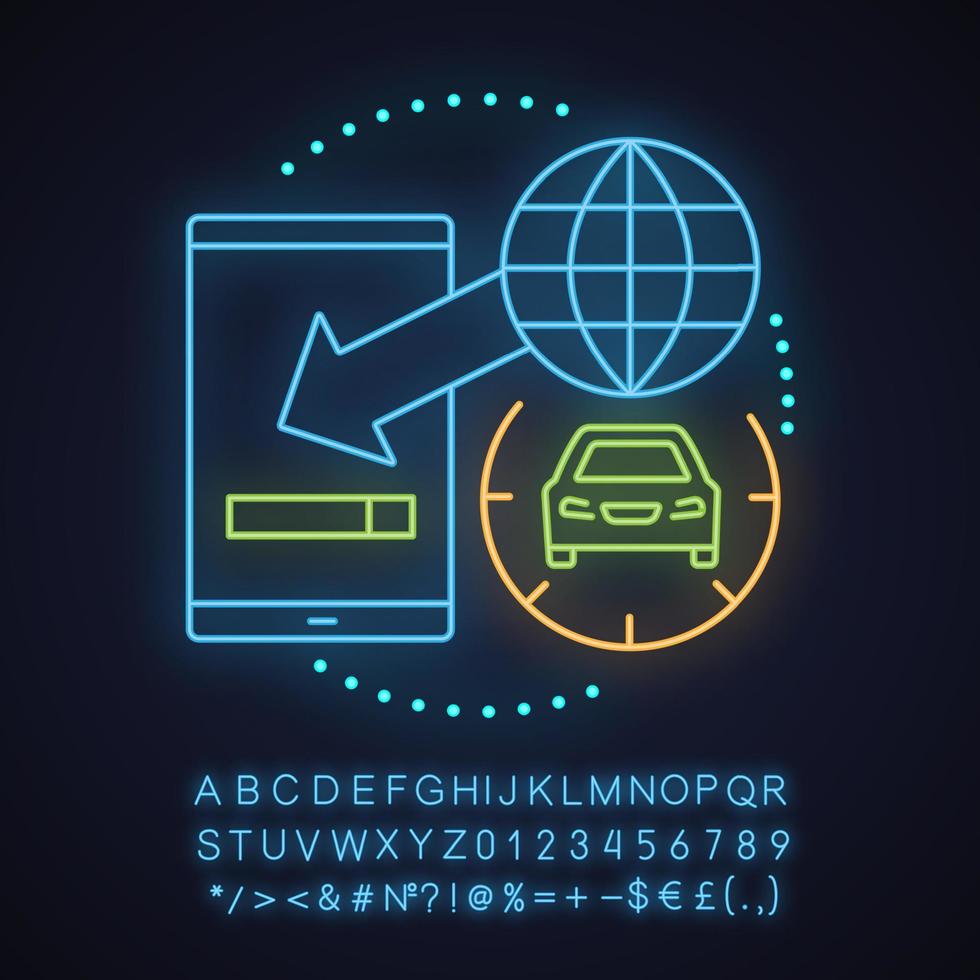 icono de concepto de luz de neón de la aplicación de viaje compartido. idea de pedido de taxi en línea. descarga de aplicaciones móviles. signo brillante con alfabeto, números y símbolos. vector ilustración aislada