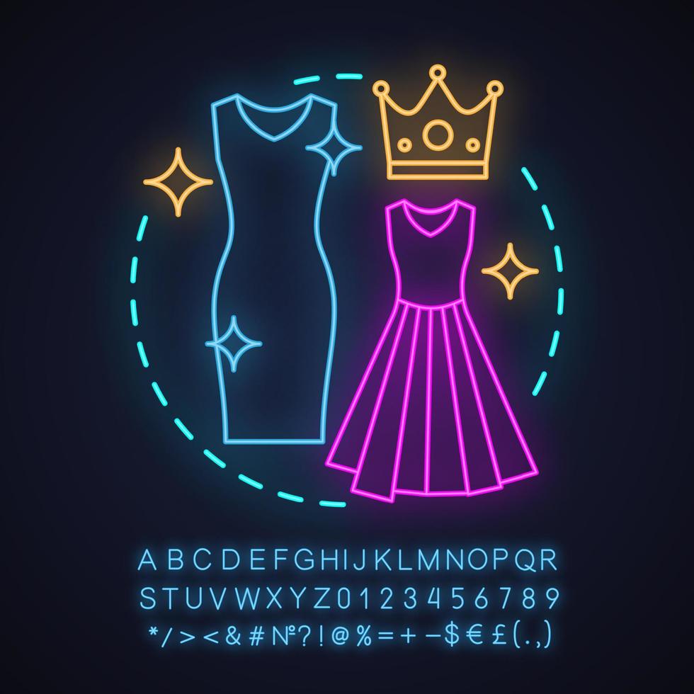 Women's clothing store neon light concept icon. Fashion presentation idea. Dress code. Formal wear. Glowing sign with alphabet, numbers and symbols. Vector isolated illustration