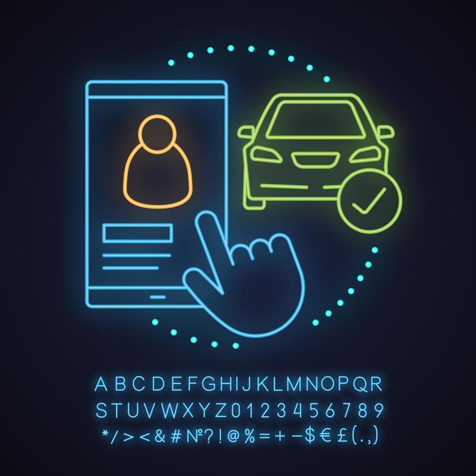 Carpooling app neon light concept icon. Taxi ordering idea. Drivers choosing. Glowing sign with alphabet, numbers and symbols. Vector isolated illustration