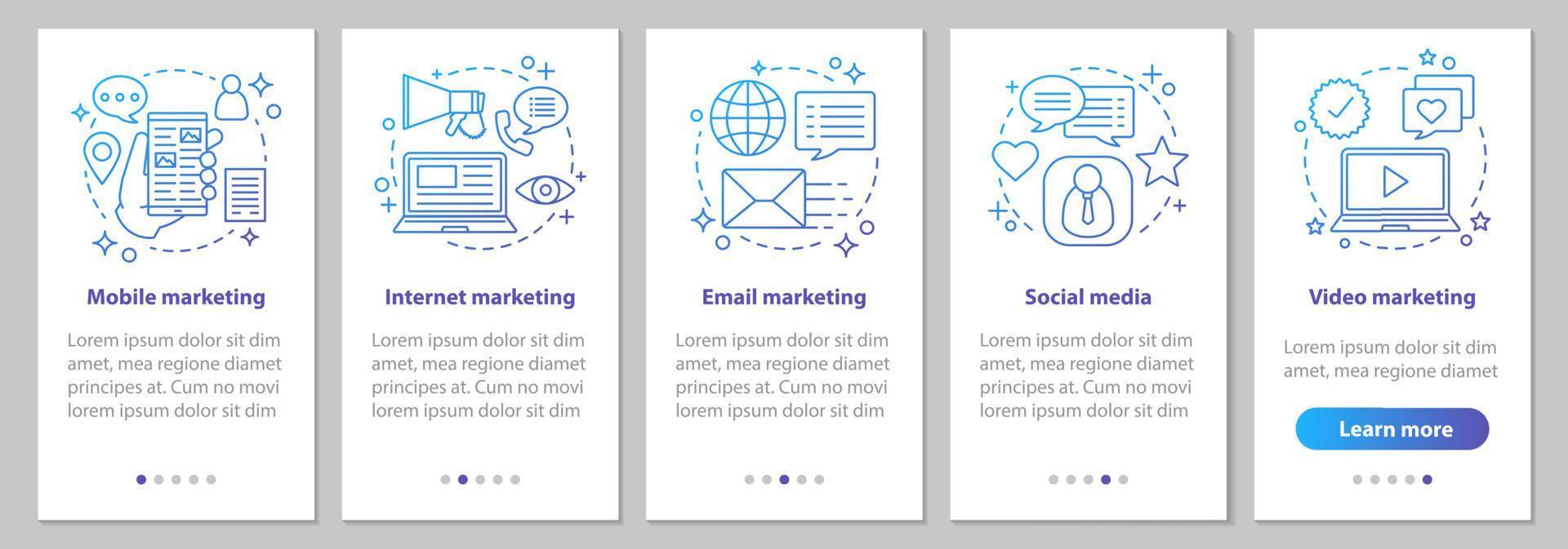 Internet marketing onboarding mobile app page screen with linear concepts. Social media, mobile, video, email, video marketing steps graphic instruction. UX, UI, GUI vector template with illustrations