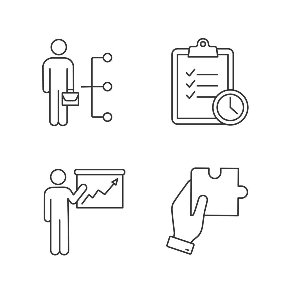 Business management linear icons set. Employee skills, time management, presentation, finding solution. Thin line contour symbols. Isolated vector outline illustrations. Editable stroke