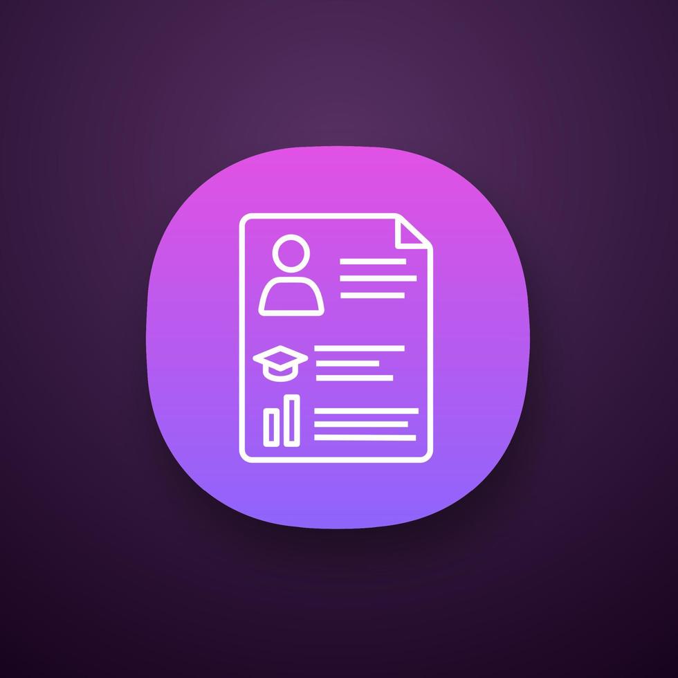 Resume app icon. UI UX user interface. CV. Curriculum vitae. Personal information. Web or mobile application. Vector isolated illustration
