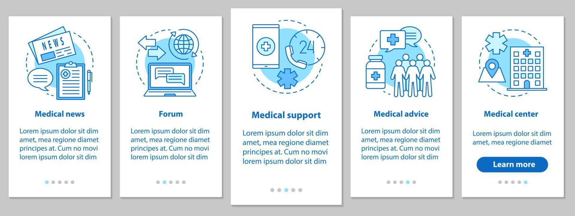 Medicine and healthcare onboarding mobile app page screen with linear concepts. Medical news, forum, advice, clinic, support steps graphic instructions. UX, UI, GUI vector template with illustrations