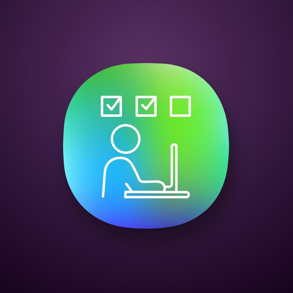 Interactive training app icon. Task solving. Online test. Freelance job. Person working with laptop. UI UX user interface. Web or mobile application. Vector isolated illustration