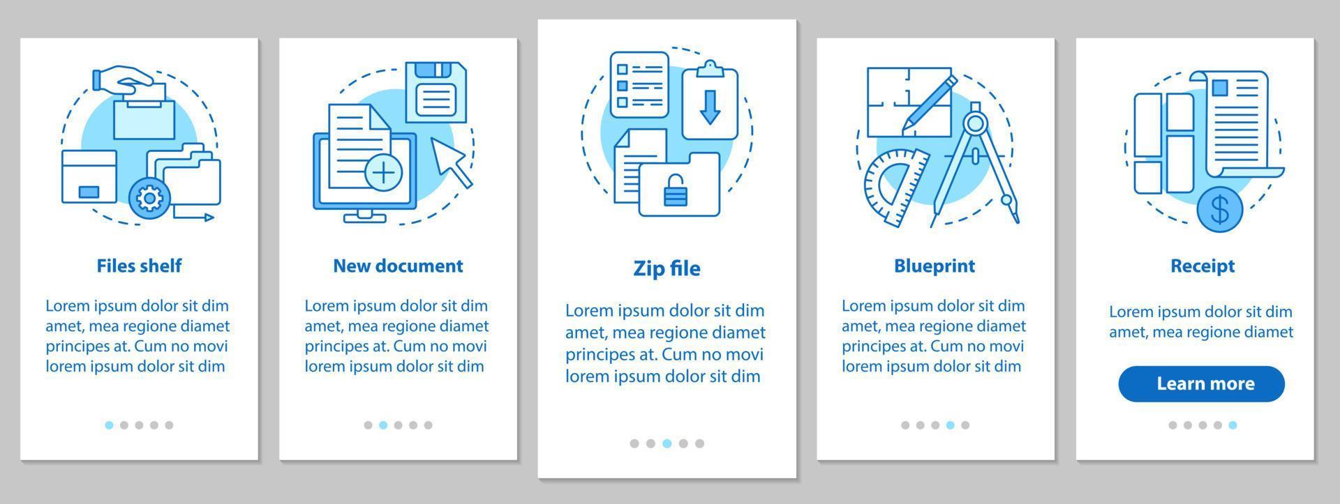 Big data onboarding mobile app page screen with linear concepts. Files storage, new document, zip file, blueprint, receipt steps graphic instructions. UX, UI, GUI vector template with illustrations