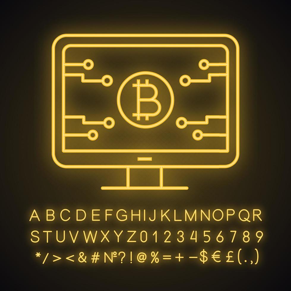 Bitcoin official webpage neon light icon. Glowing sign with alphabet, numbers and symbols. Mining farm landing. Blockchain server page. Cryptocurrency business website. Vector isolated illustration