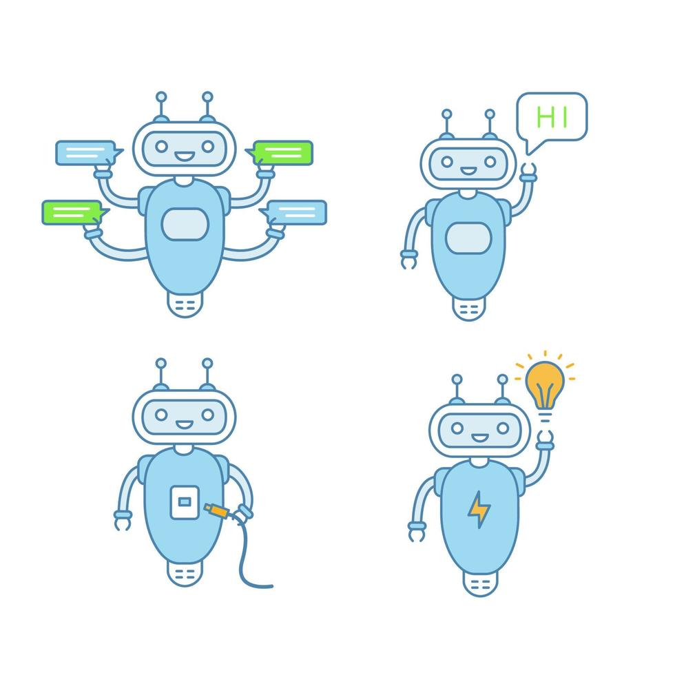 Chatbots color icons set. Talkbots. Virtual assistants. Support service, hi, USB, new idea chat bots. Modern robots. Isolated vector illustrations