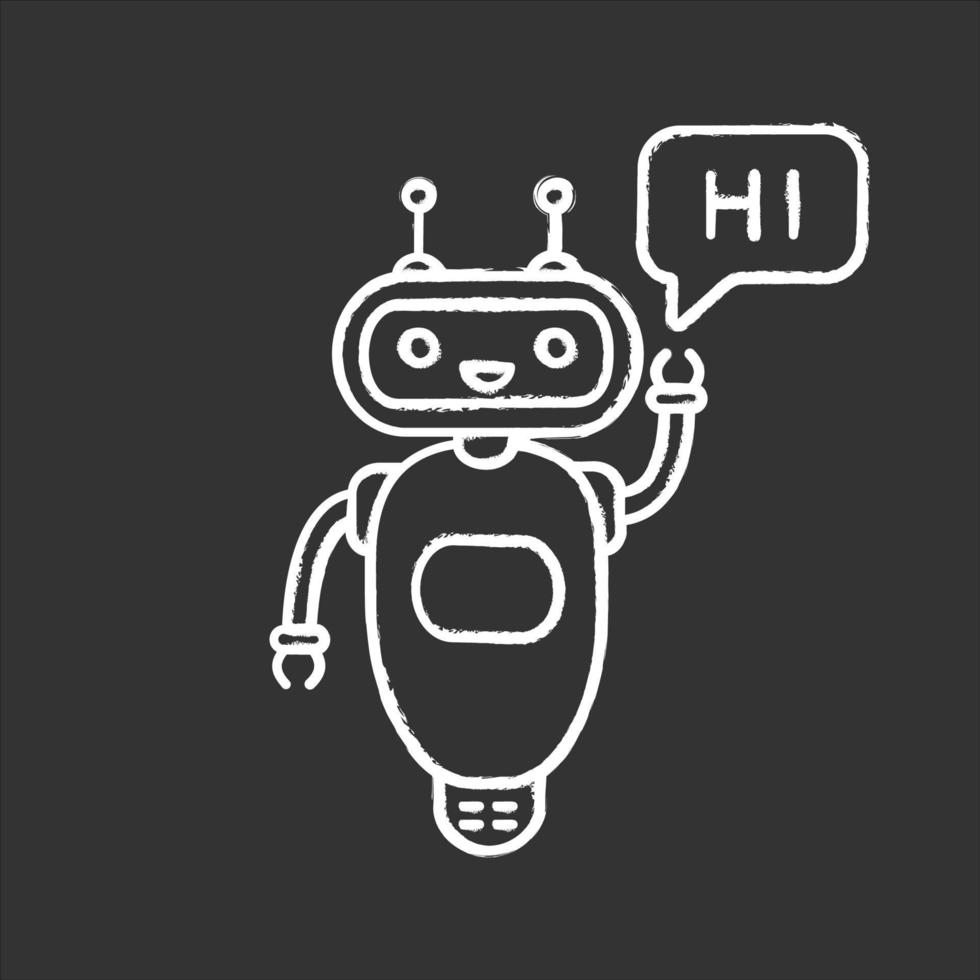 Chatbot saying hi chalk icon. Talkbot greeting user. Virtual assistant. Online helper. Modern robot. Isolated vector chalkboard illustration