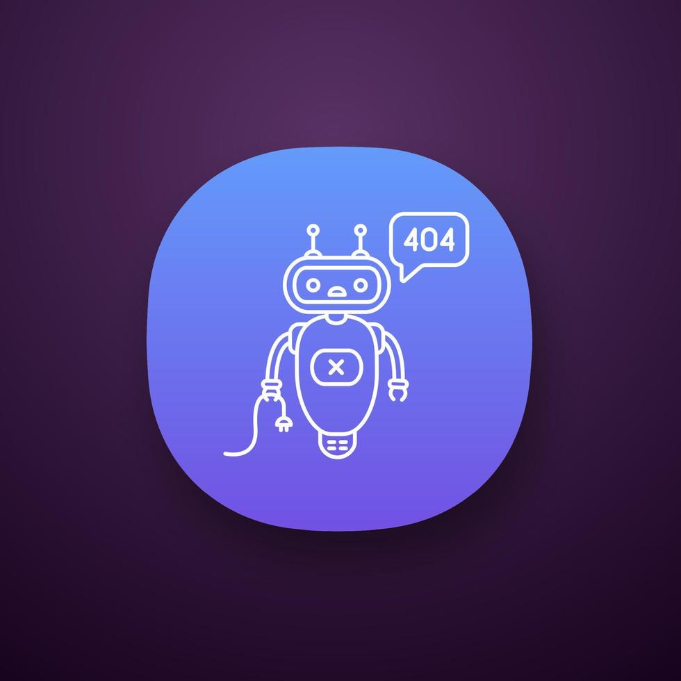 no encontrado error icono de la aplicación chatbot. interfaz de usuario ui ux. talkbot con error 404 en el cuadro de chat. Asistente en línea de la página de error del sitio web. robot moderno. aplicación web o móvil. vector ilustración aislada