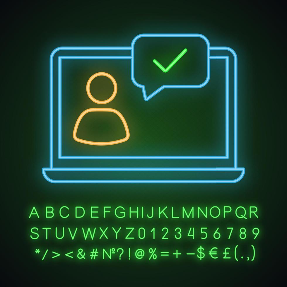 Approved chat neon light icon. Chatbot. Online verification. Glowing sign with alphabet, numbers and symbols. Support chat. Online communication. User page. Vector isolated illustration