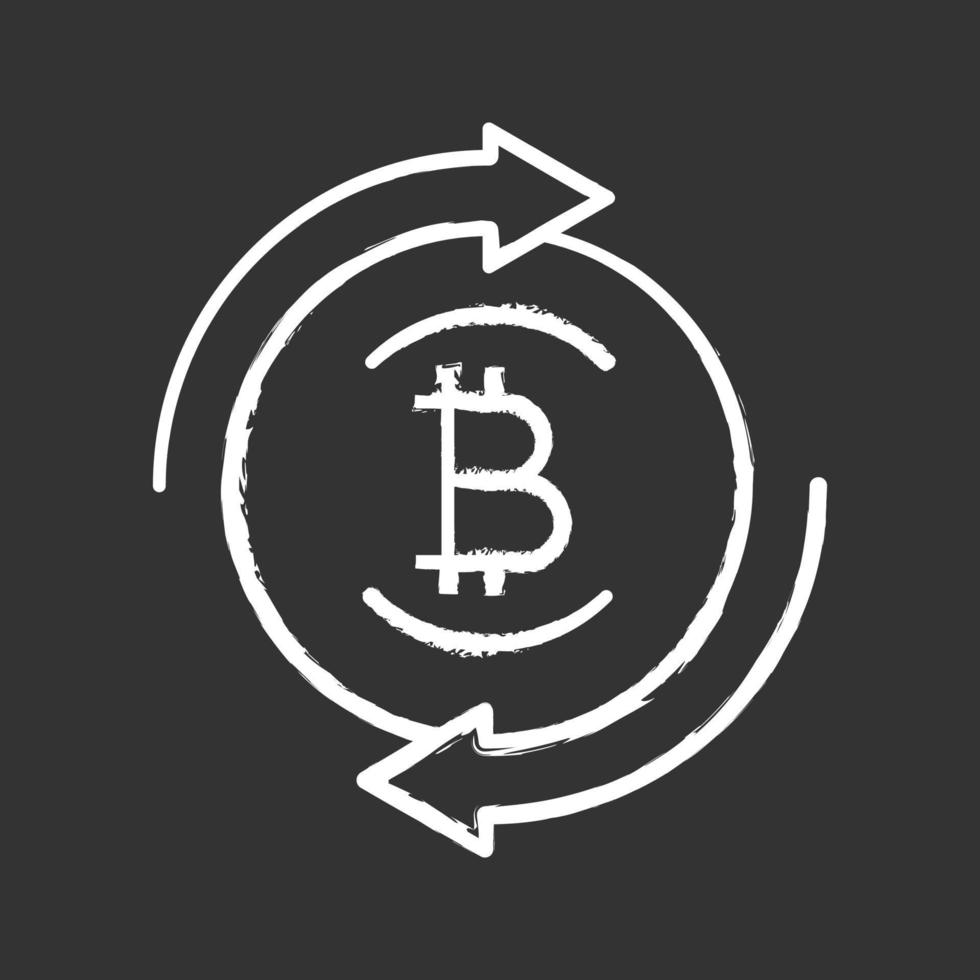 icono de tiza de intercambio de bitcoin. transacción de moneda digital. flechas circulares con moneda bitcoin en el interior. Reembolso de criptomonedas. ilustración de pizarra de vector aislado