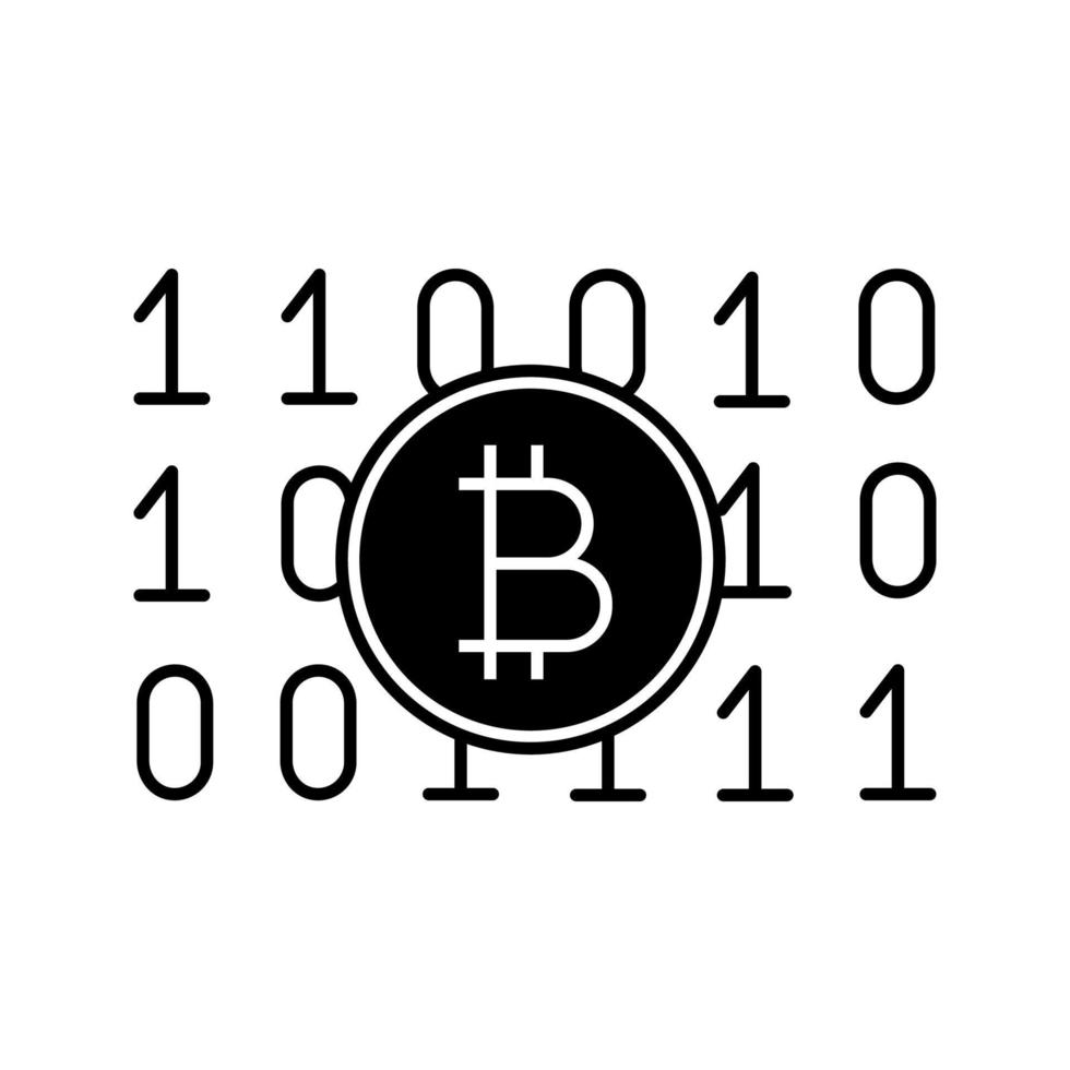 Binary code glyph icon. Cryptocurrency mining. Digital money. Computing. Bitcoin on binary code. Silhouette symbol. Negative space. Vector isolated illustration