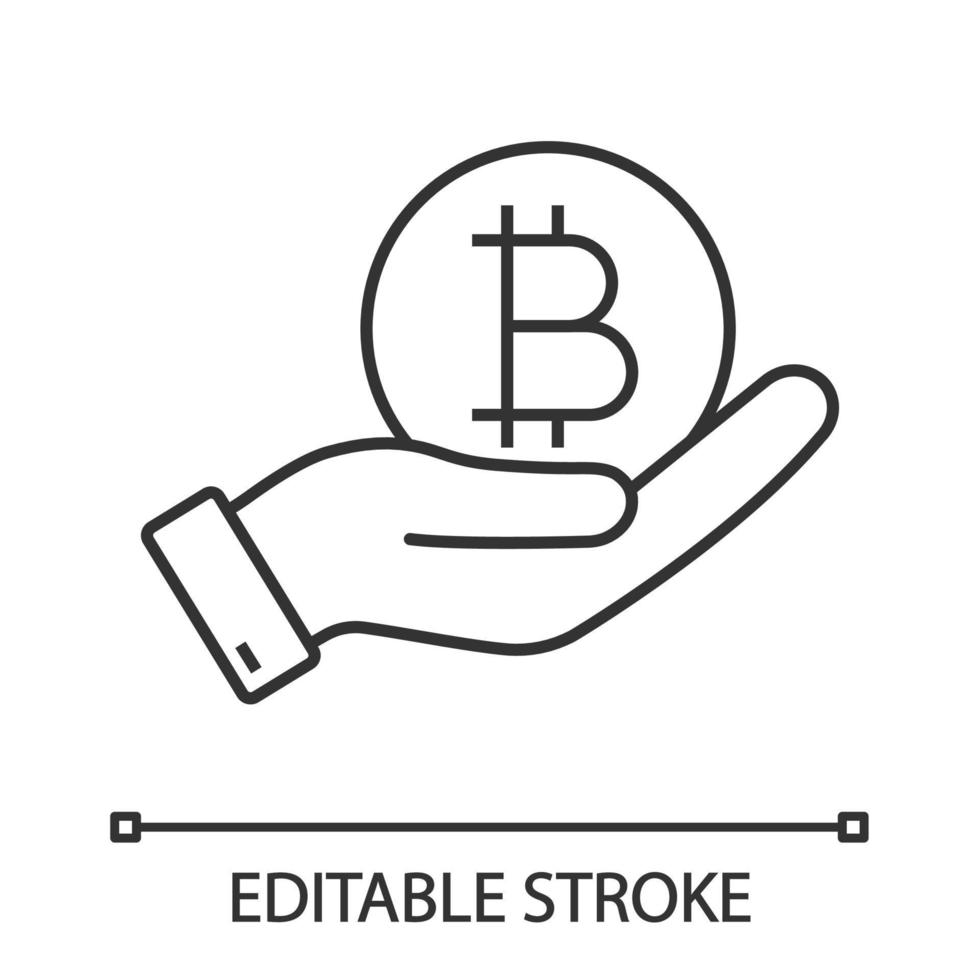 Open hand with bitcoin coin linear icon. Buying or selling bitcoin. Cryptocurrency thin line illustration. Contour symbol. Vector isolated outline drawing. Editable stroke