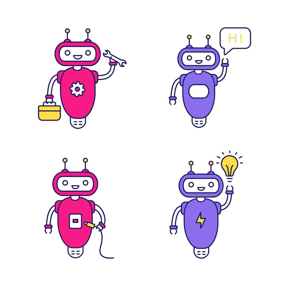 Chatbots color icons set. Talkbots. Virtual assistants. Repair, hi, USB, new idea chat bots. Modern robots. Isolated vector illustrations