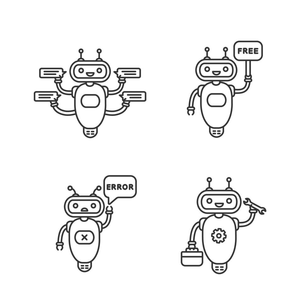 Chatbots linear icons set. Talkbot. Virtual assistants. Support service, free, error, repair chat bots. Modern robots. Thin line contour symbols. Isolated vector outline illustrations. Editable stroke