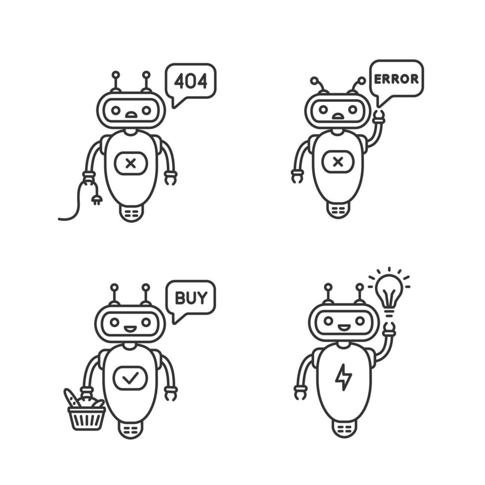 Chatbots linear icons set. Talkbots. Virtual assistants. Not found, error, buy, new idea chat bots. Modern robots. Thin line contour symbols. Isolated vector outline illustrations. Editable stroke