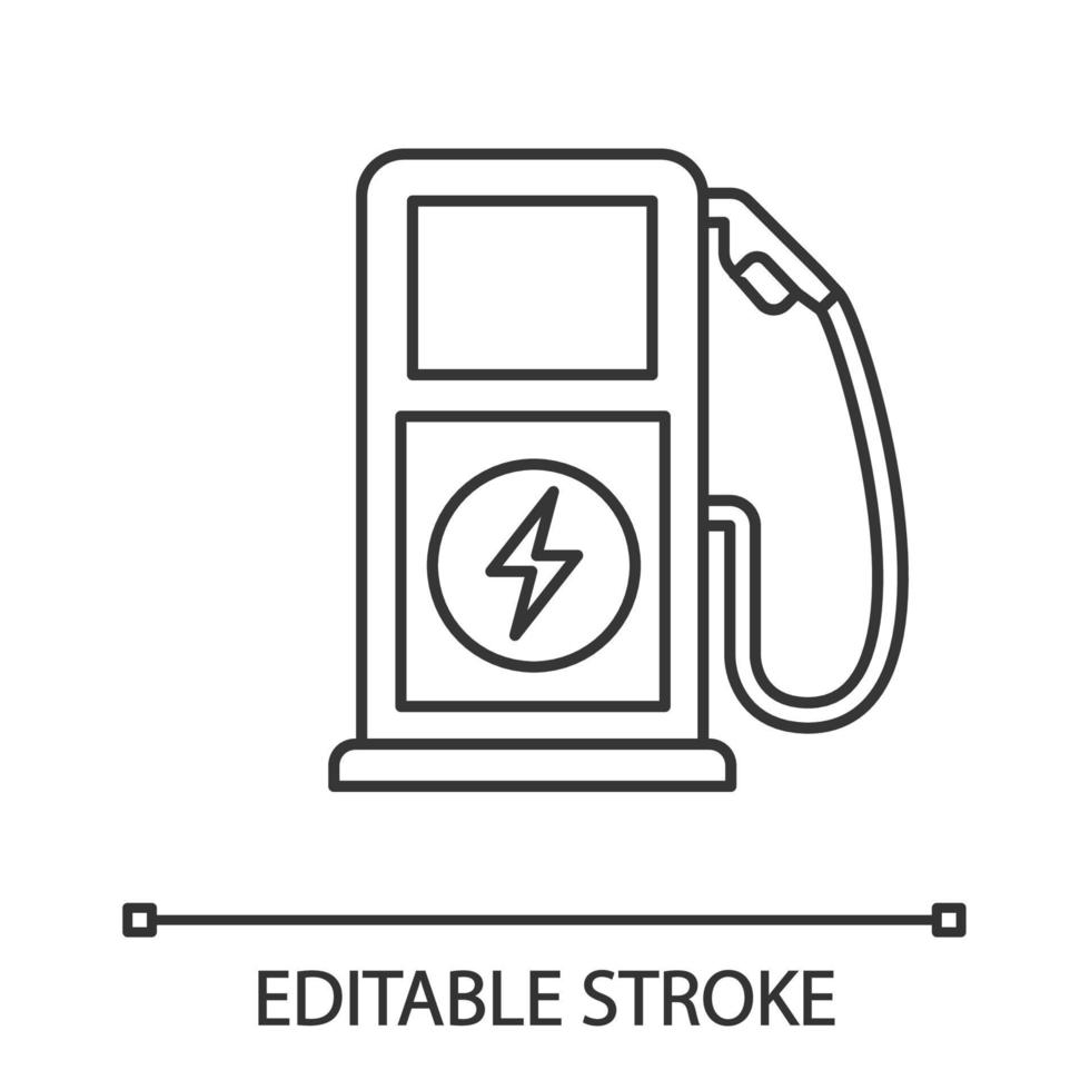 Electric vehicle charging station linear icon. Thin line illustration. Electric car service. Car charge. Electric charging point. Contour symbol. Vector isolated outline drawing. Editable stroke