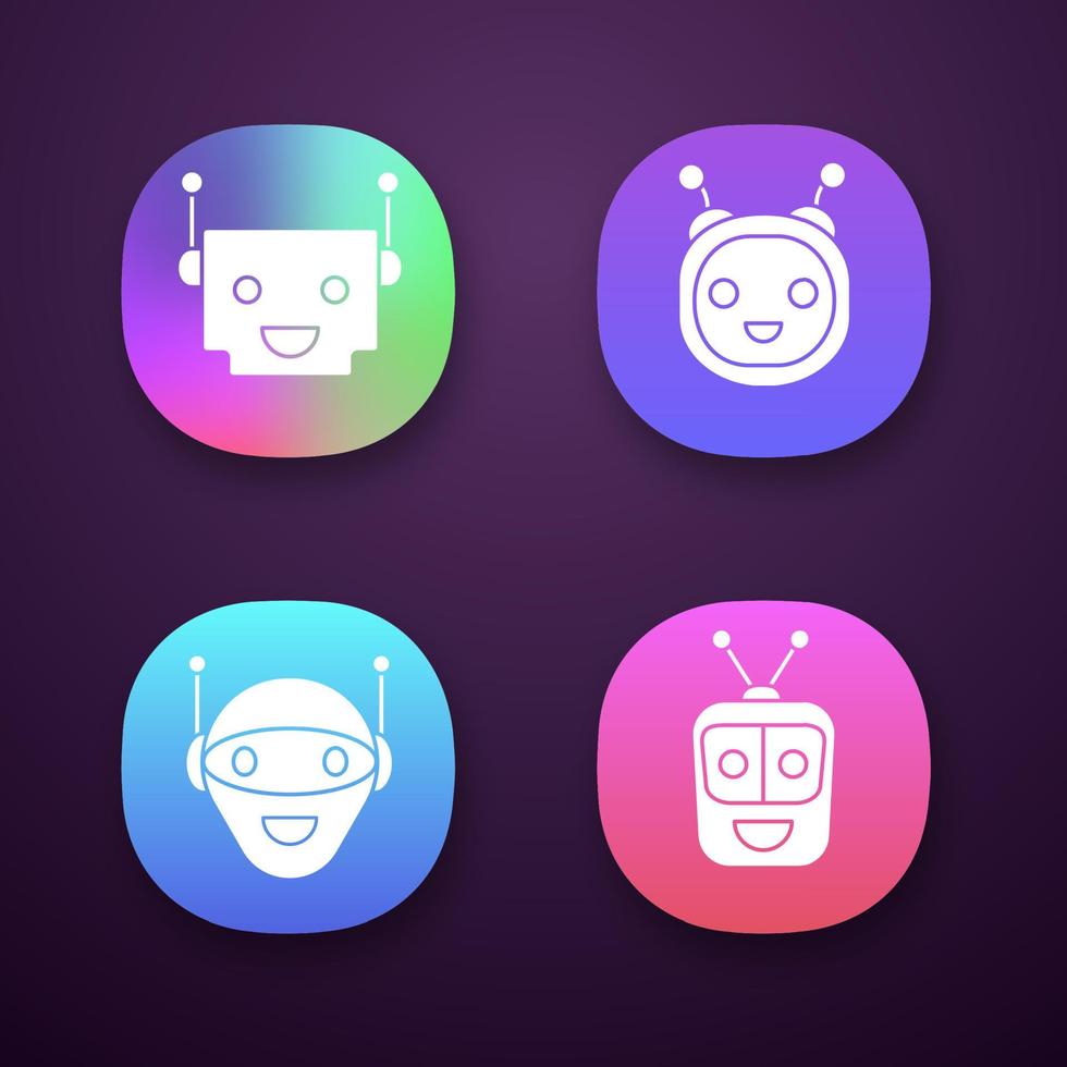 Chatbots app icons set. UI UX user interface. Talkbots. Laughing virtual assistants. Conversational agents. Modern robots. Web or mobile applications. Vector isolated illustrations